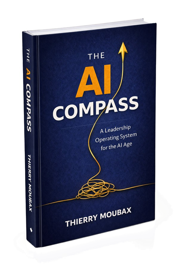 The AI Compass book cover — A Leadership Operating System for the AI Age by Thierry Moubax